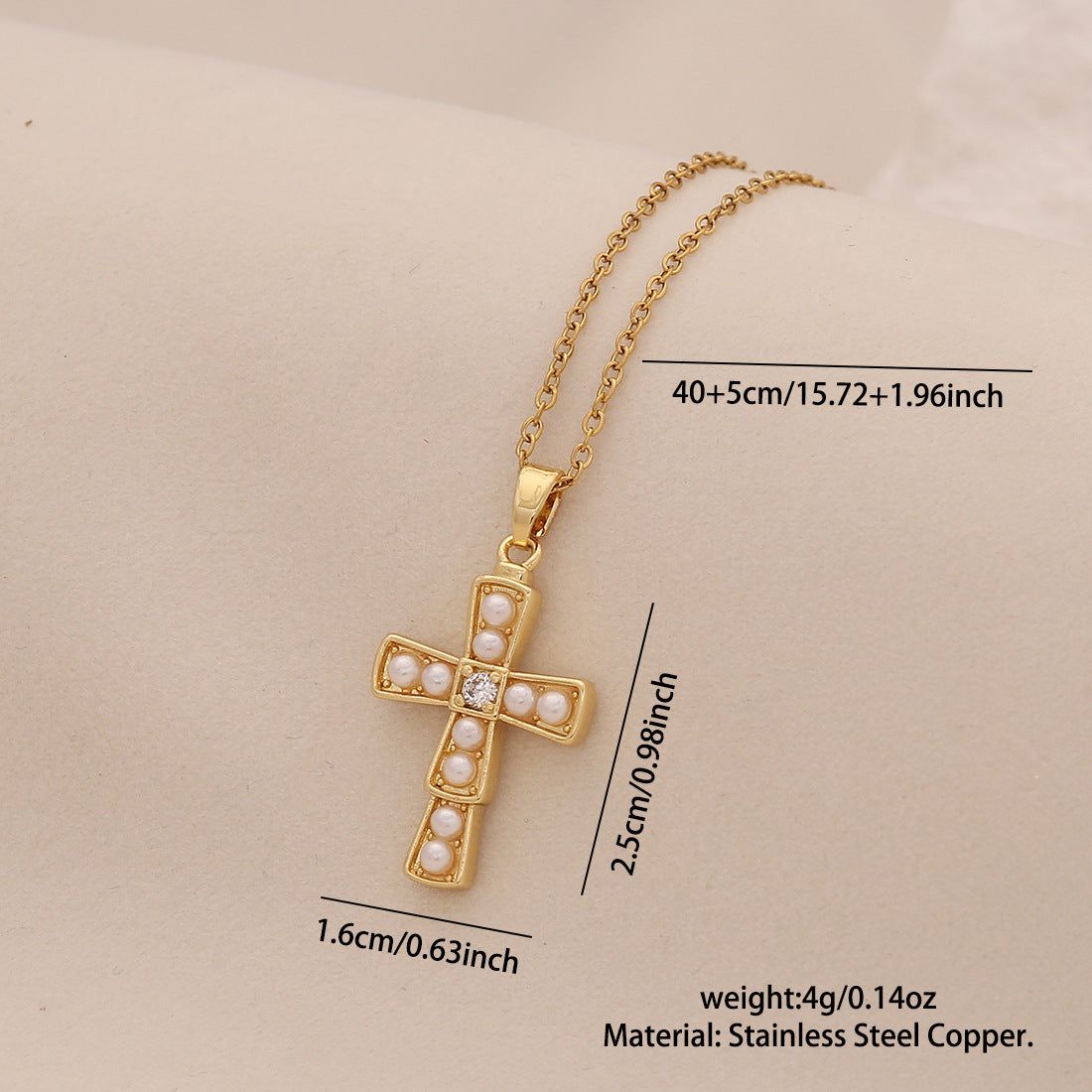Collana personalizzata con croce in acciaio inossidabile, ciondolo in rame e perla finta