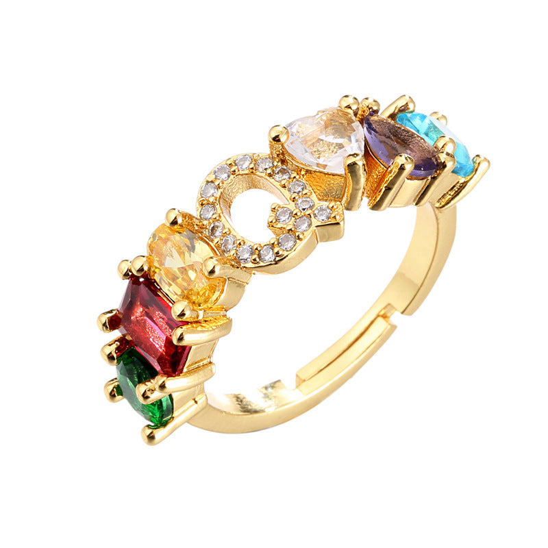 Hand-Set Cubic Zirconia Letter Open Ring Gold Plated Brass Adjustable Women