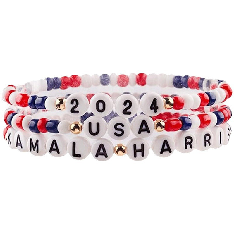 Red White Blue Resin Letter Bead Star Bracelet Set Unisex Casual Jewelry