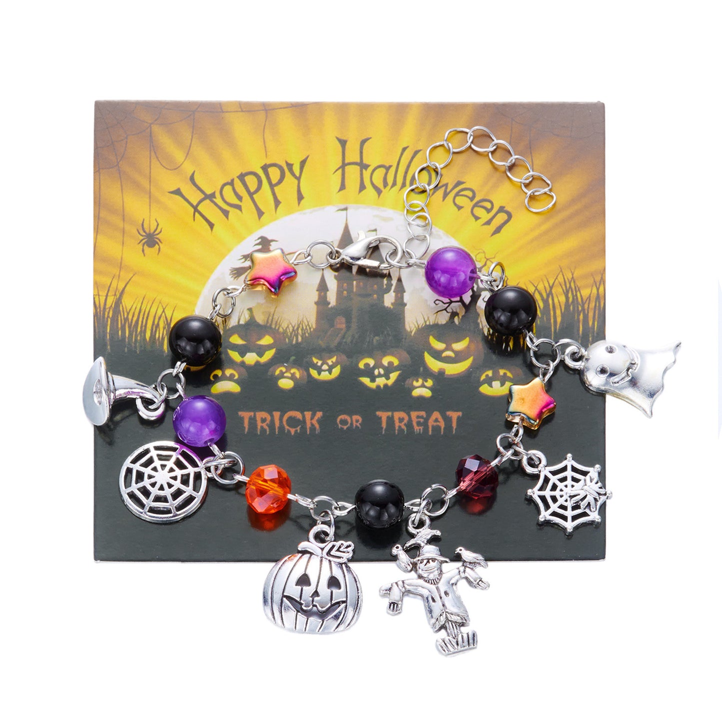 Cadena de mano con temática de Halloween con dije de espantapájaros, calabaza, fantasma, telaraña, pulsera de moda unisex electrochapada de aleación con cadena de serpiente para regalo de festival
