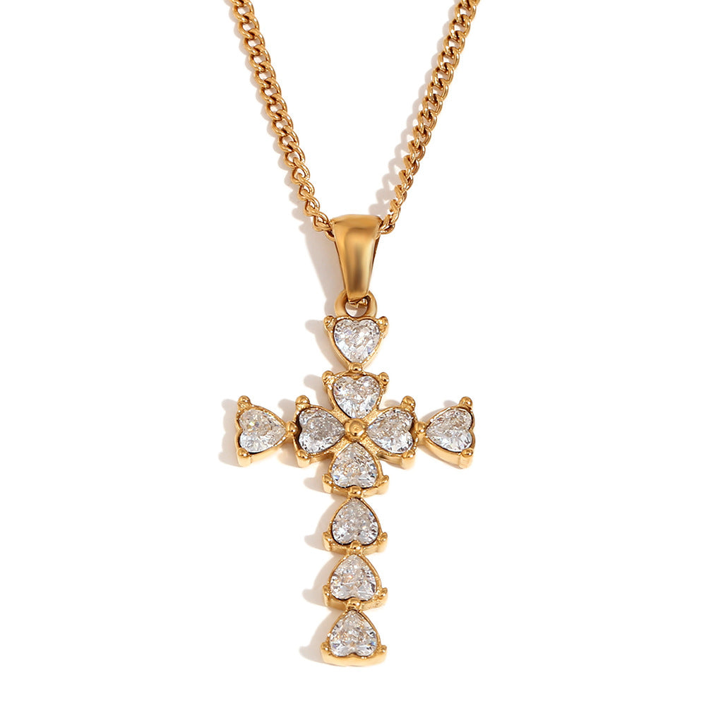 Elegante collar con colgante de cruz en forma de corazón en acero inoxidable con baño de oro de 18 quilates para mujer