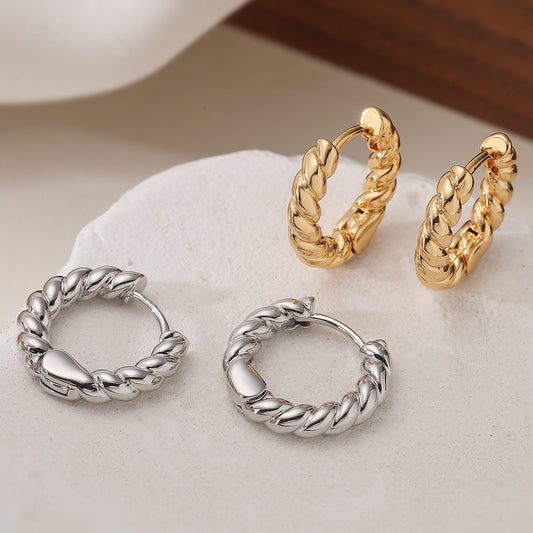 Vintage Minimalist Geometric 18K Gold Plated Brass Rope Hoop Earrings for Women