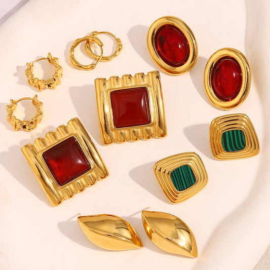 Minimalist Geometric Red Agate Stud Earrings in Stainless Steel with 18K Gold Plating for Women