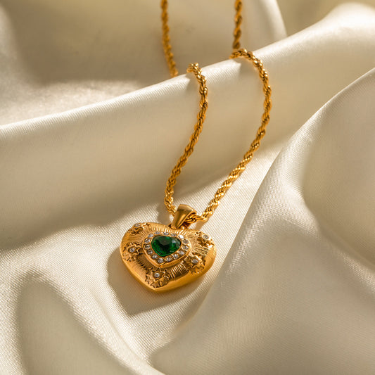 Ins Style 18K Gold Plated Stainless Steel Heart Pendant Necklace with Emerald Zircon Inlay