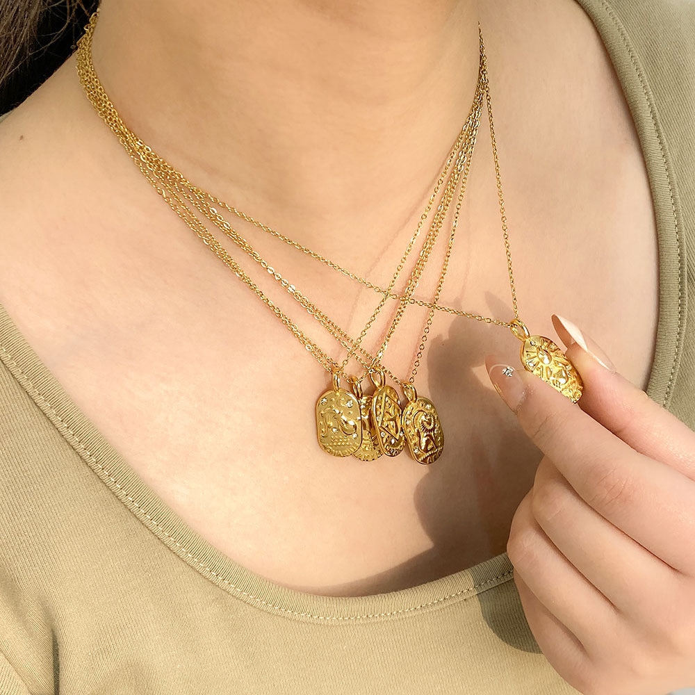Minimalist Square Zodiac Pendant Necklace in Stainless Steel with Rhinestone Inlay and 18K Vacuum Plating for Women