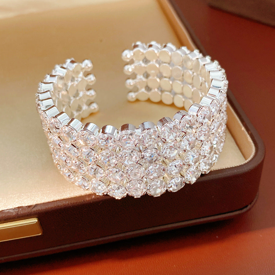 Luxury Elegant Round Rhinestone Inlaid Iron Open Cuff Bracelet for Women
