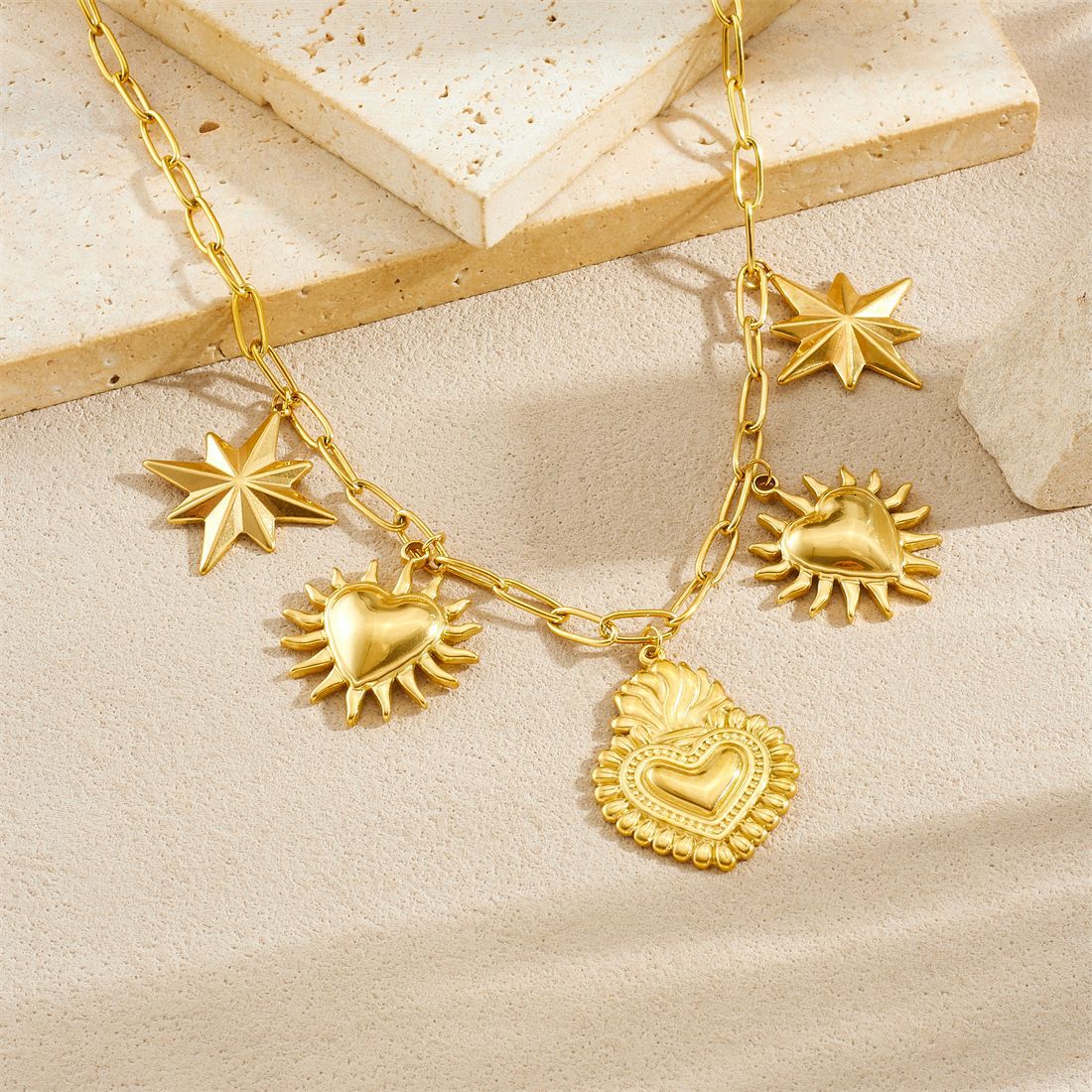 Vintage Chic Gold Plated Stainless Steel Heart Floral Cross Square Pendant Necklace for Women