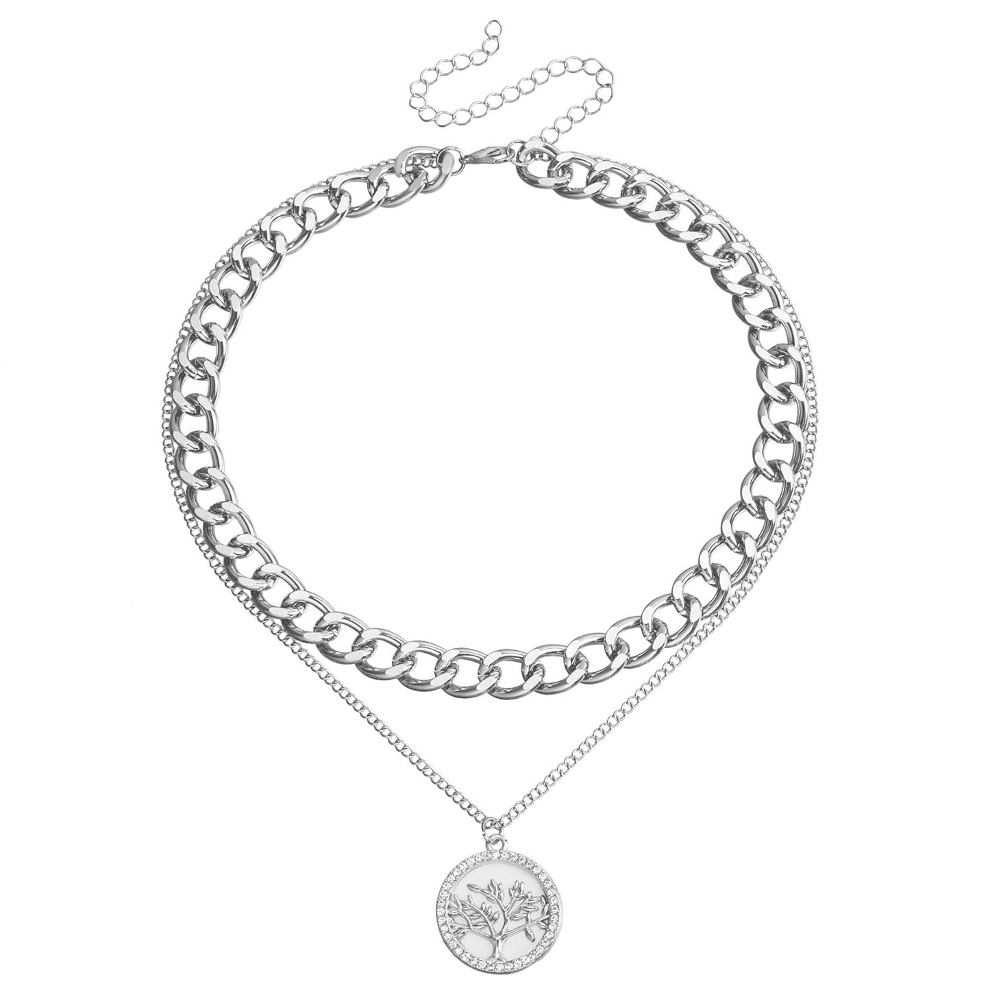 Fashionable Geometric Tree of Life Pendant Necklace for Women with Mother-of-Pearl Inlay and Rhinestone Accents on Electroplated Alloy Chain