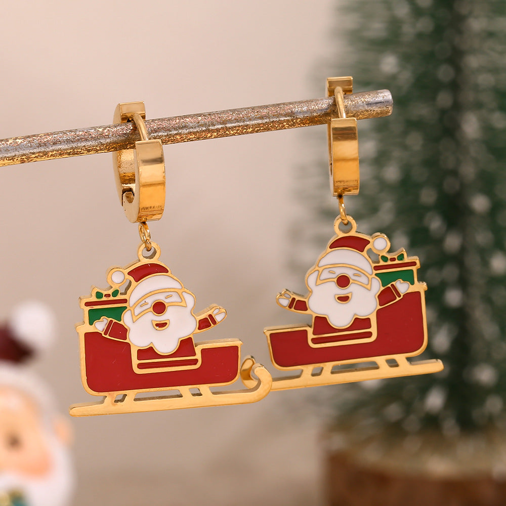 Fashionable Cartoon Santa Claus Sled Earrings in Stainless Steel with 18K Gold Plating and Enamel Finish for Christmas