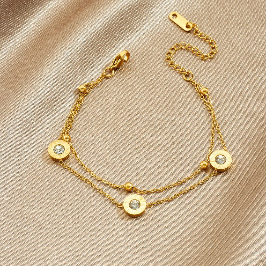 Minimalist Round Geometric Rhinestone Inlay Gold Plated Stainless Steel Double Layer Chain Bracelet with Roman Numerals