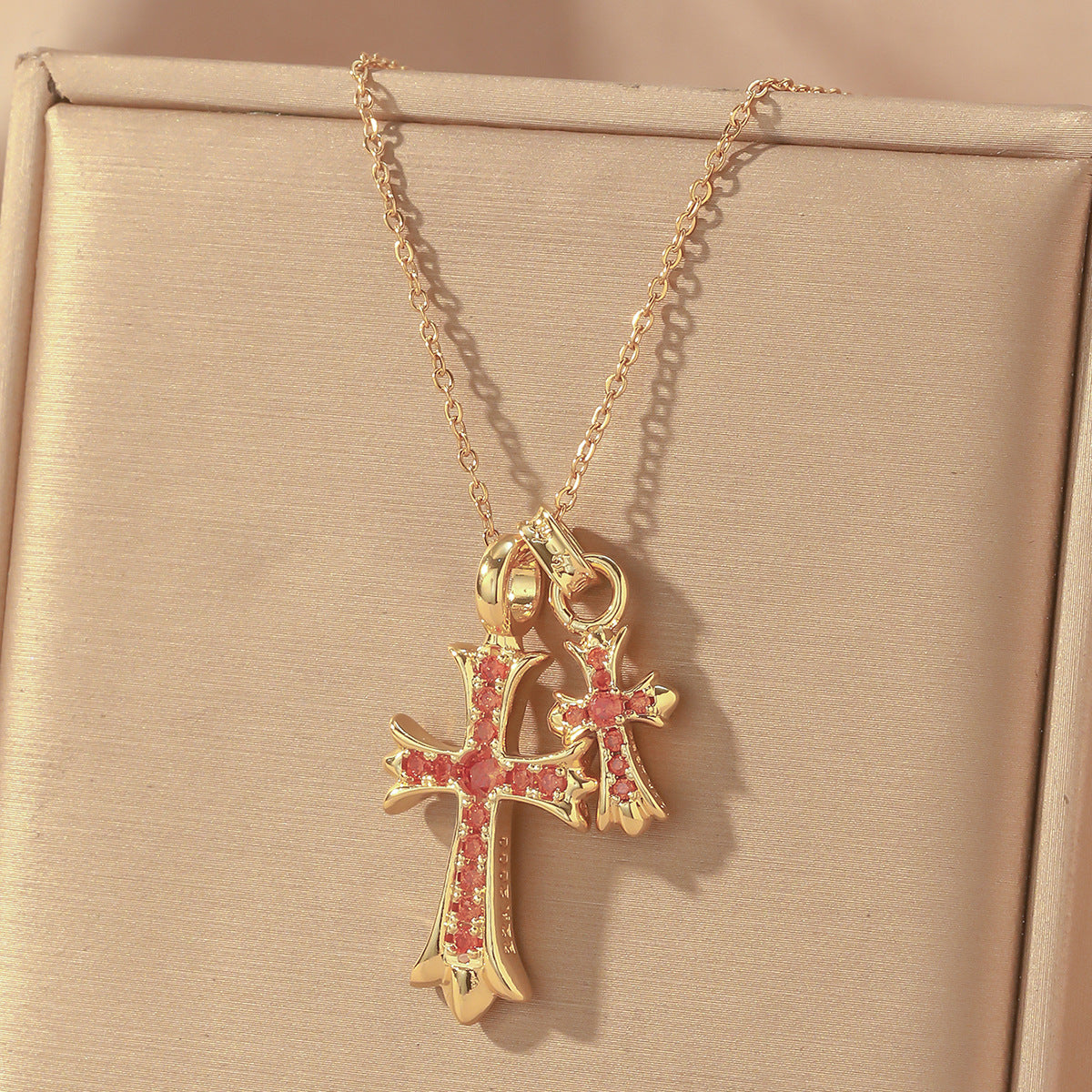 Luxury Sweet Double Cross Pendant Plated Titanium Steel Necklace with Curb Chain for Women