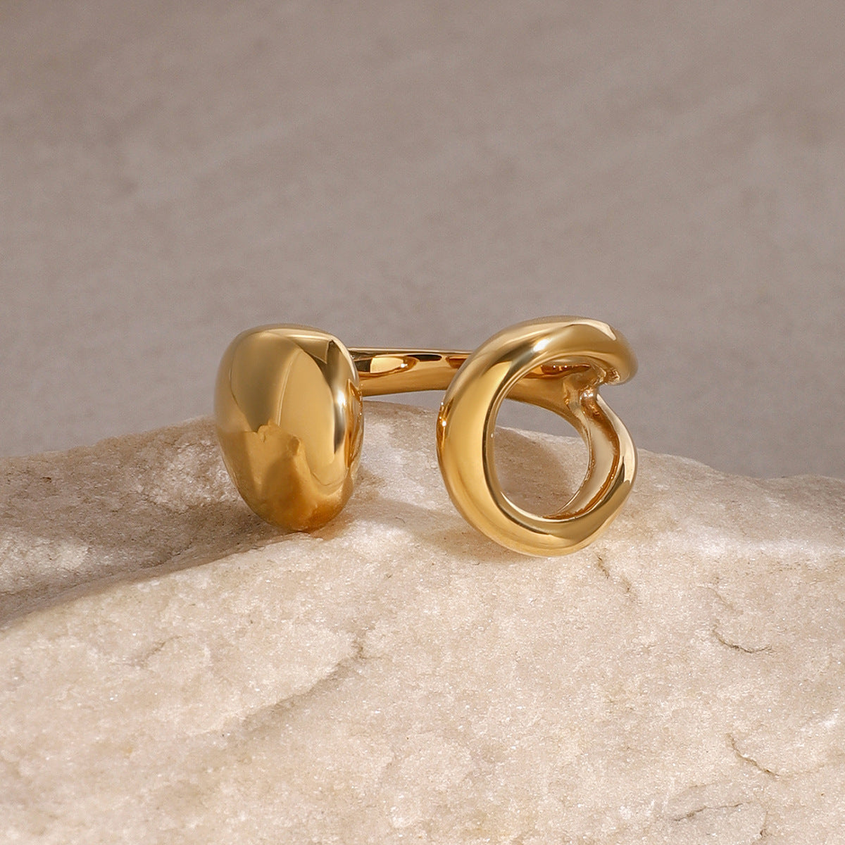 Geometric Stainless Steel Ring with 18K Gold Plating, Open-End Asymmetrical Design, Minimalist Unisex Fashion Jewelry