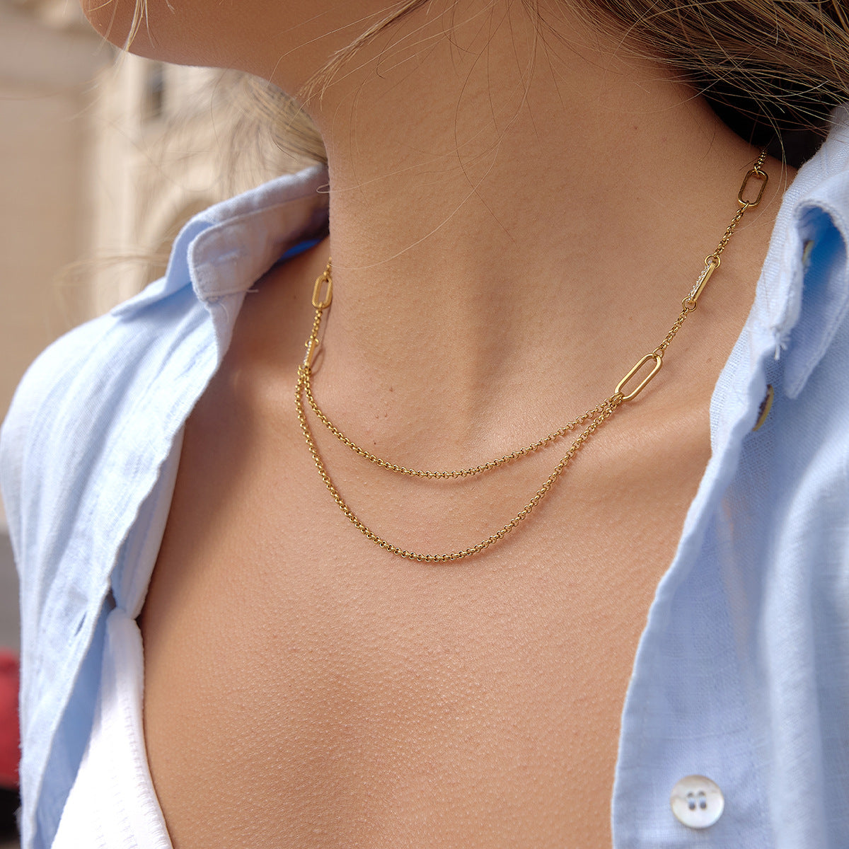 Minimalist Elegant Geometric Oval Hollow PVD Stainless Steel Necklace for Women