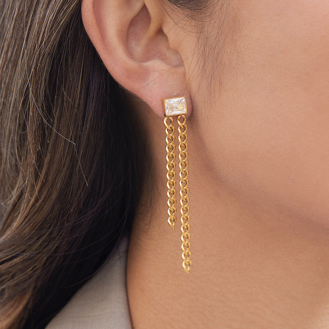 Pendientes Geométricos de Flecos de Acero Inoxidable con Acentos de Pedrería, Joyas Ligeras de Lujo Galvanizadas para Mujer
