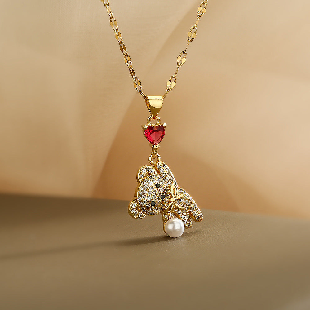 Collana con Ciondolo a Forma di Orsetto in Rame, Placcata Oro Vero e Intarsiata con Zirconi, Stile Minimalista, per Donna, Catena Clavicola