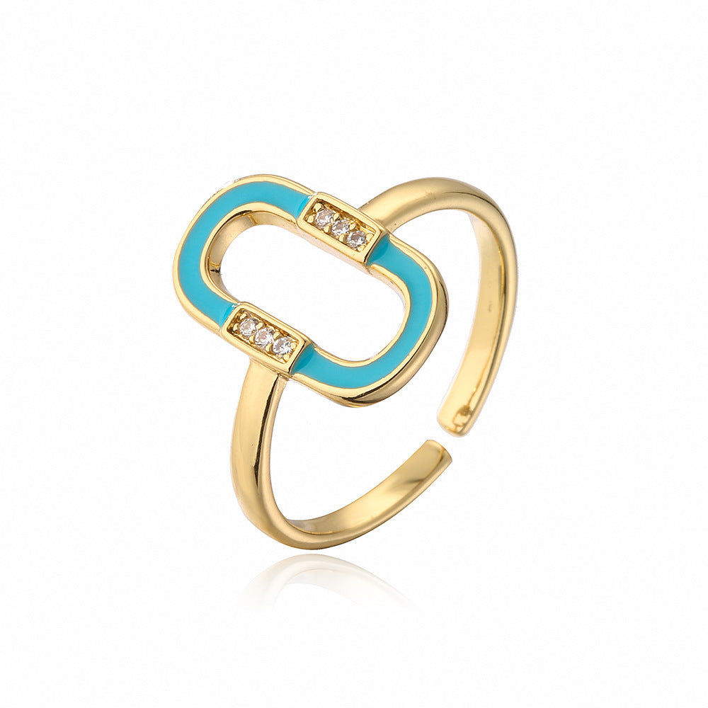 Minimalist Geometric Copper Ring with 18K Gold Plating and Enamel Zirconia Accents for Women
