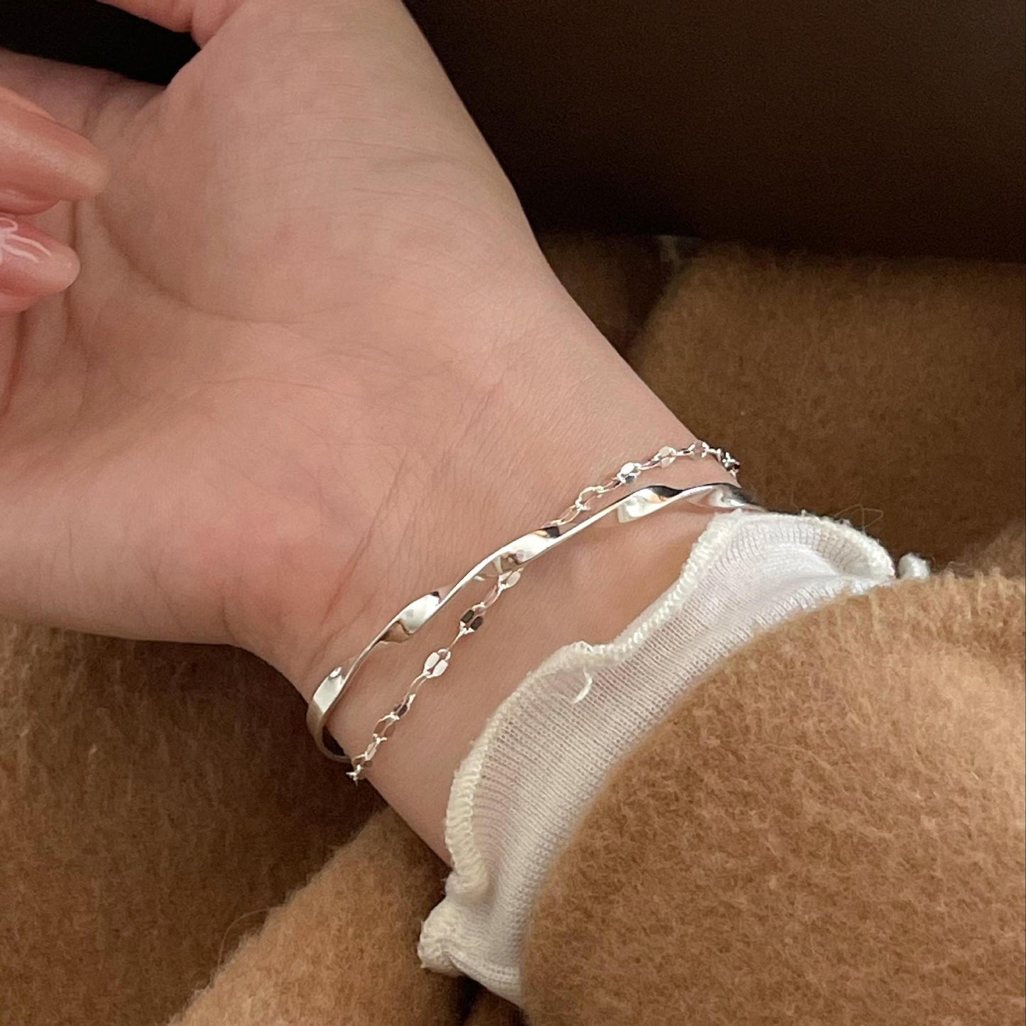 Pulsera de doble capa geométrica chapada en plata de ley 925 minimalista para mujer
