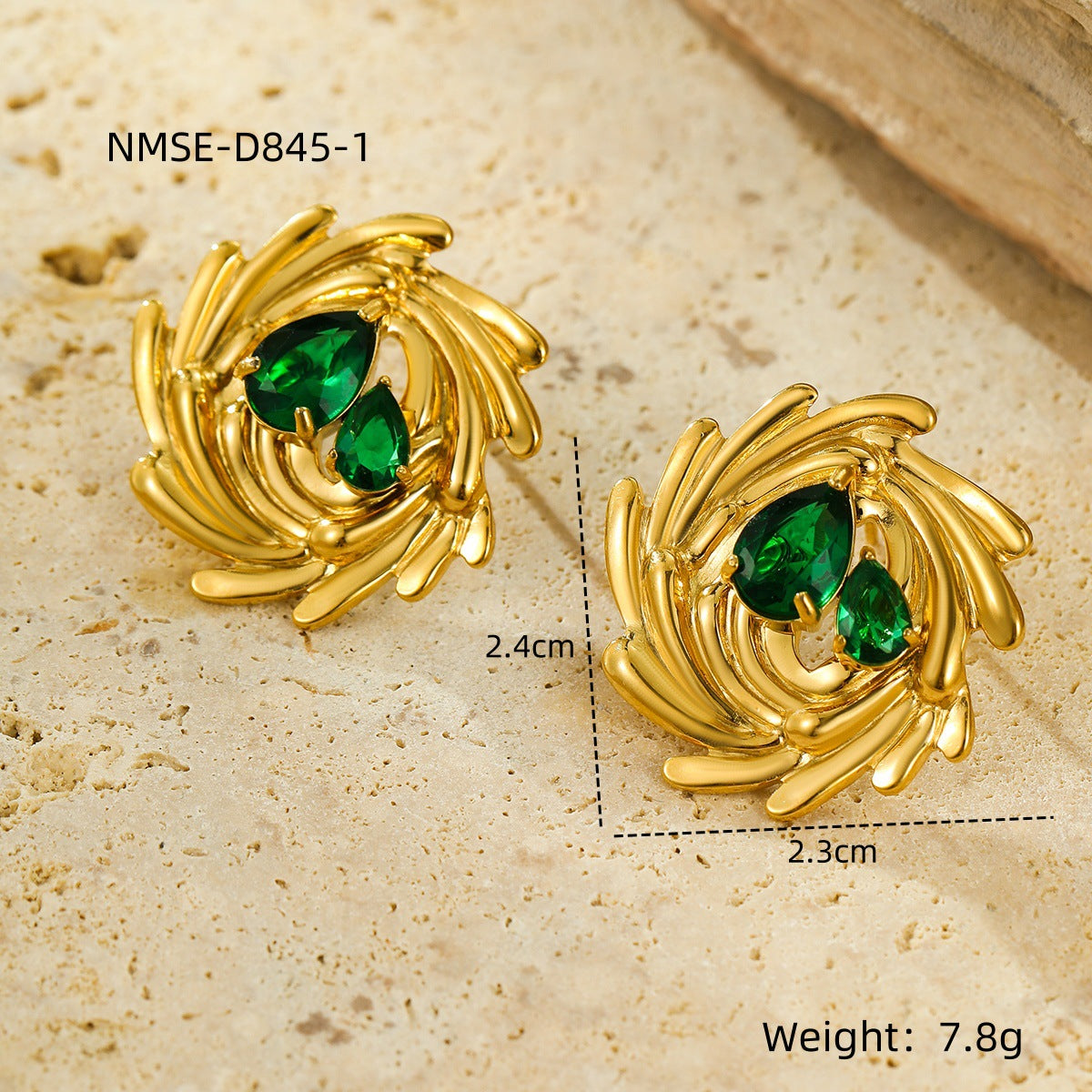 Orecchini a perno a spirale vintage in acciaio inossidabile placcato oro 18K con strass, da donna
