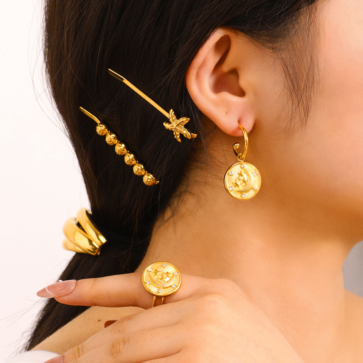 Minimalist Geometric Moon and Star Pendant Set in Stainless Steel with 18K Vacuum Plated Gold Finish for Women