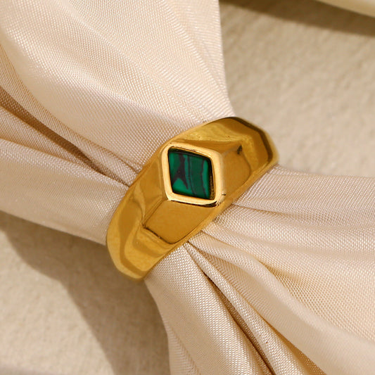 Minimalist Geometric Stainless Steel Plated 18K Gold Malachite Ring for Women