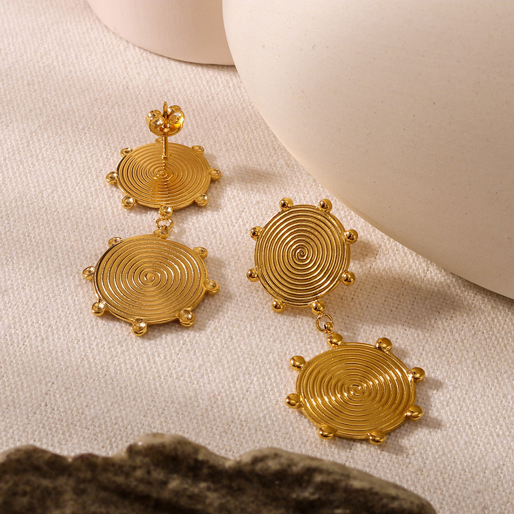 Minimalist Geometric Stainless Steel Plated 18K Gold Disc Pendant Earrings for Women with Asymmetrical Design