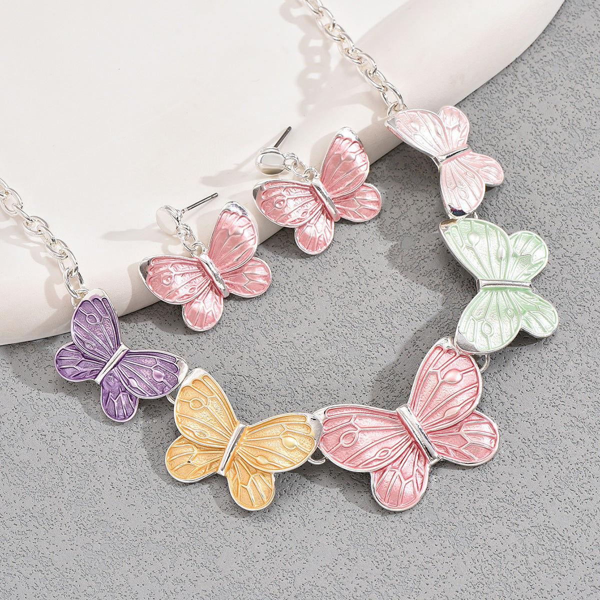 Fashionable Office Lady Enamel Butterfly Necklace and Earrings Set in Metal with Animal Motifs for Women