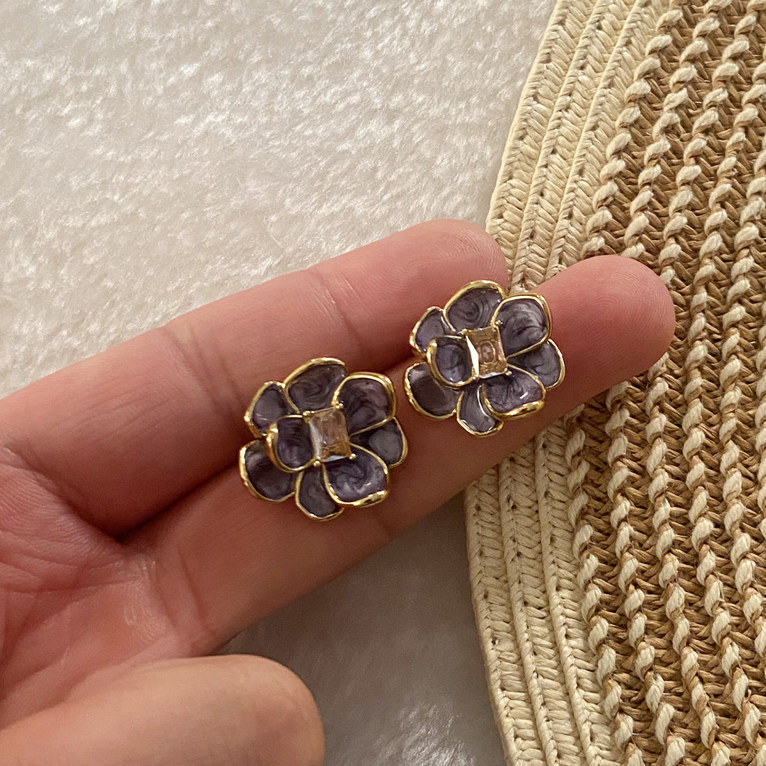 Vintage Floral Enamel Stainless Steel Stud Earrings with Botanical Flower Design for Women