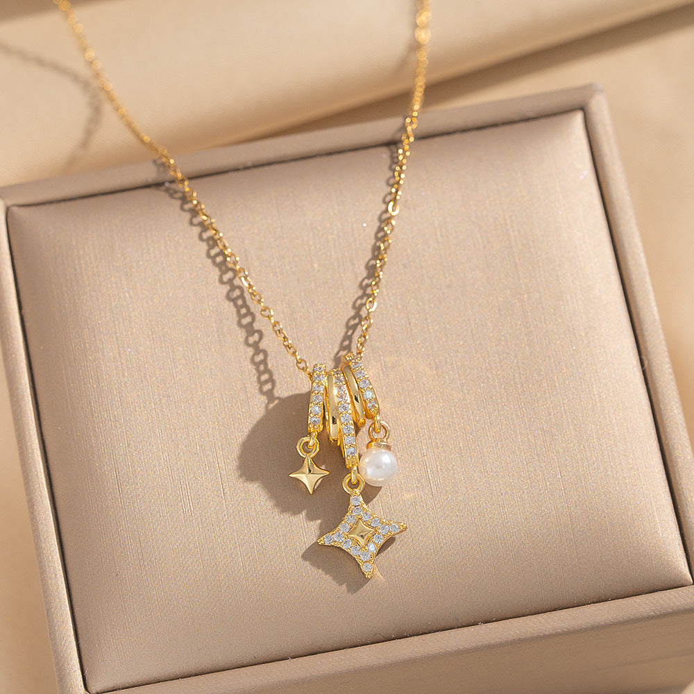 Minimalist Star-Shaped Titanium Steel Necklace with Zircon Inlay for Women, Elegant Clavicle Chain with Gold Plating and O-Chain Style