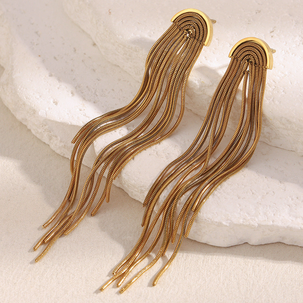 Minimalist Modern Geometric Stainless Steel 18K Gold Plated Long Tassel Earrings for Women
