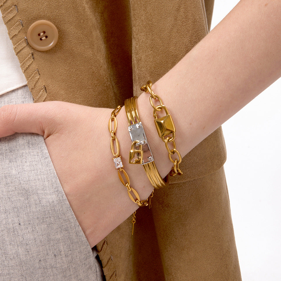 Conjunto de Collar y Pulsera Minimalista de Acero de Titanio Geométrico con Acabado Chapado para Mujer