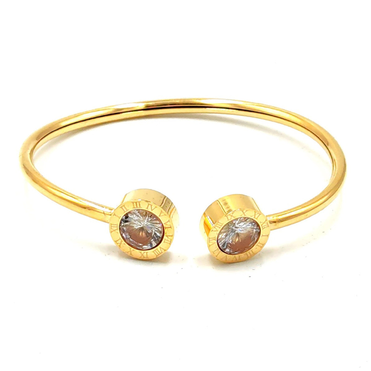 Minimalist Stainless Steel Roman Numeral Open Bangle Bracelet with Zircon Inlay