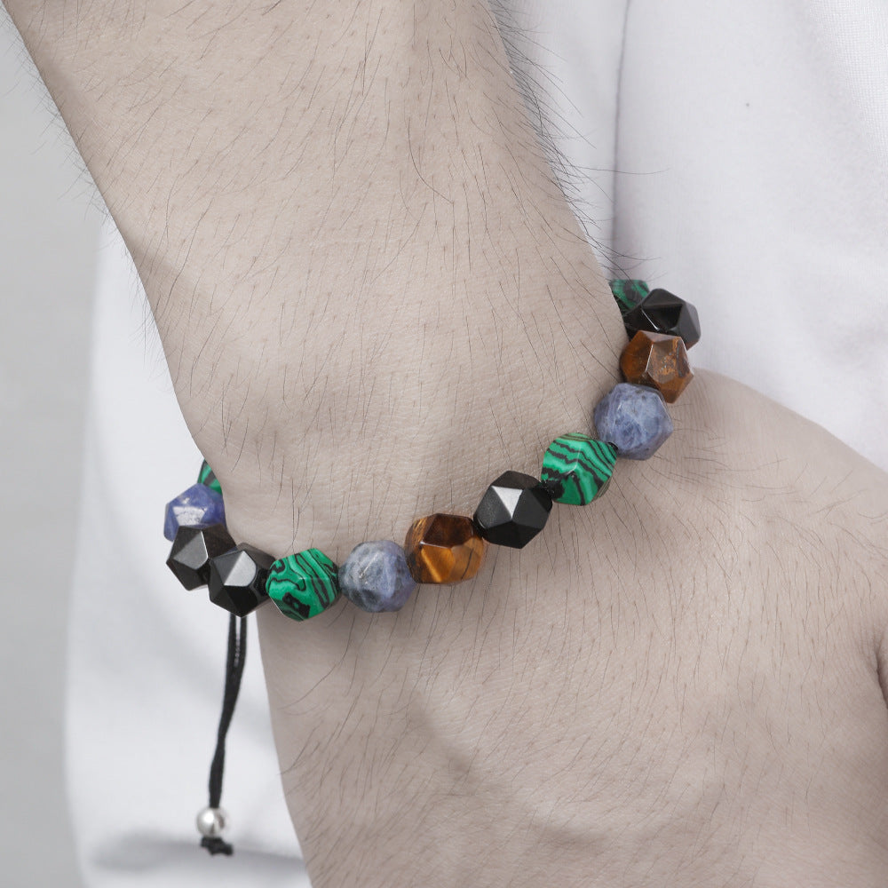 Geometric Faceted Tiger's Eye and Malachite Octagon Bead Handmade Bracelet