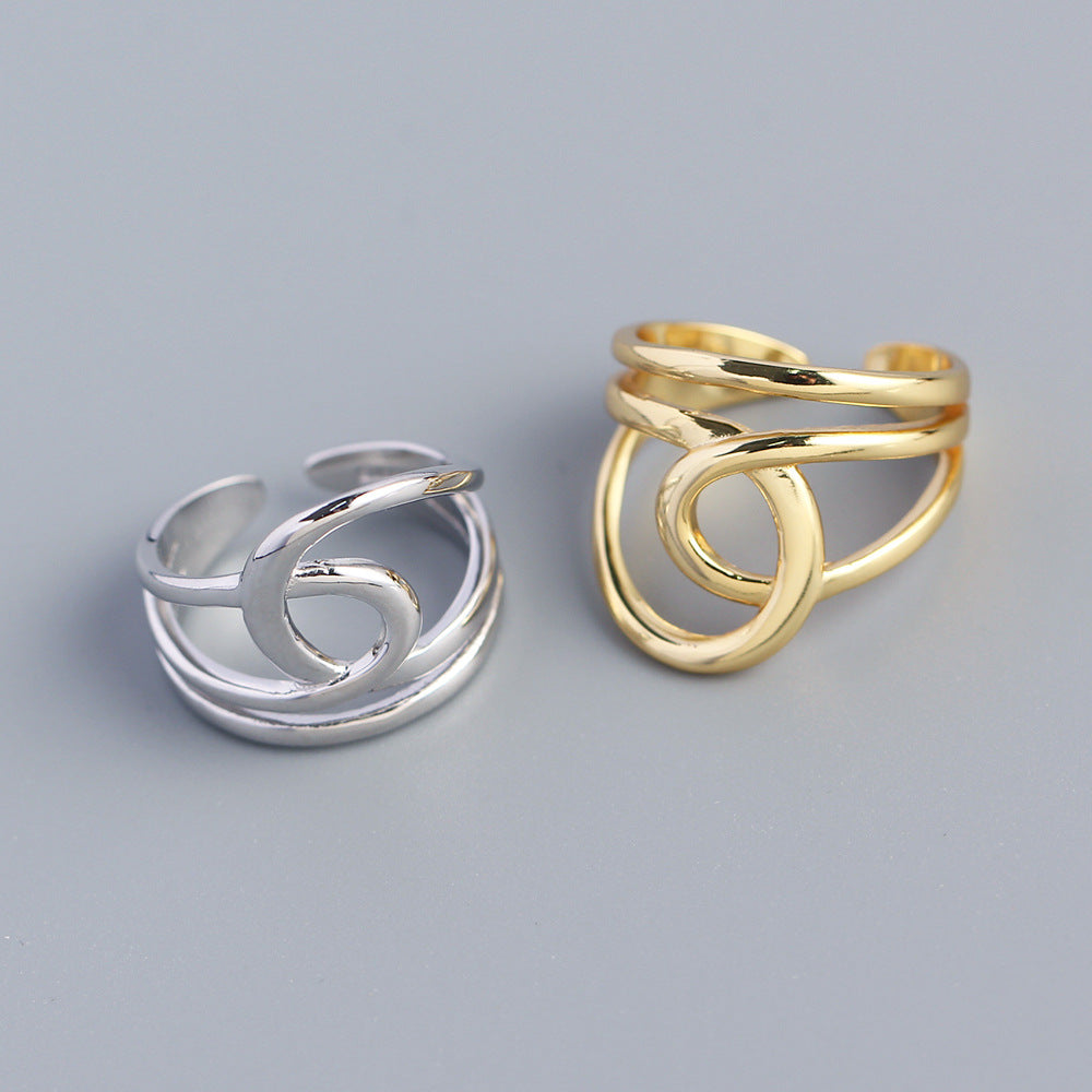 Anello aperto a doppio strato lucido geometrico in argento sterling 925 minimalista da donna