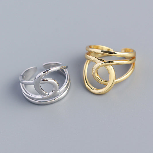 Anello aperto a doppio strato lucido geometrico in argento sterling 925 minimalista da donna