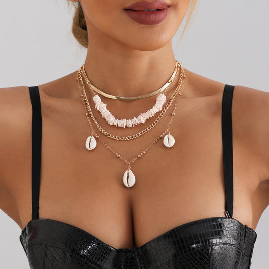 Fashion Layered Seashell Necklace with Geometric Pendant on Delicate Collar Chain for Women