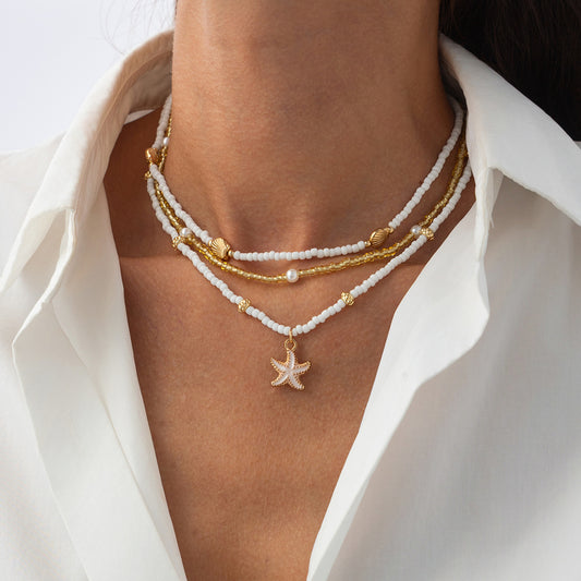 Bohemian Star-Shaped Pendant Necklace for Women with Imitation Pearl Beads and Alloy Charm, Handcrafted Layered Clavicle Chain