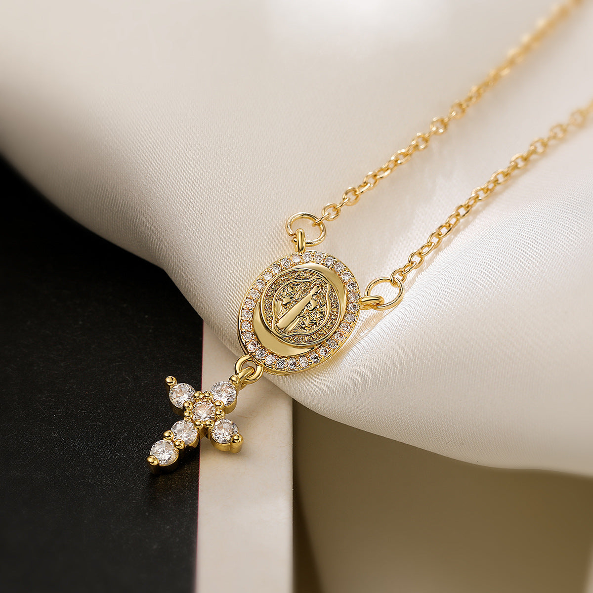 Minimalist Geometric Cross Pendant Necklace for Women with Copper Base Plated in 18K Gold and Zircon Inlay