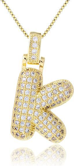 14K Gold Plated Brass Letter Pendant Necklace with Cubic Zirconia Inlay Box Chain for Women