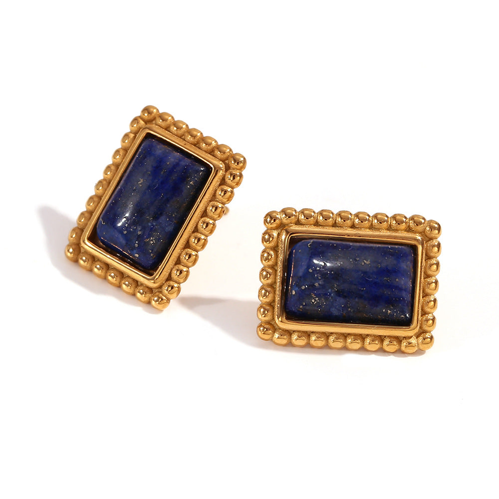 Vintage-Inspired Geometric Stainless Steel Earrings with 18K Gold Plating and Natural Lapis Lazuli Accents