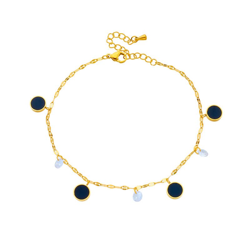 Cavigliera in titanio stile spiaggia con ciondolo circolare nero minimalista retrò di moda in strass trasparenti