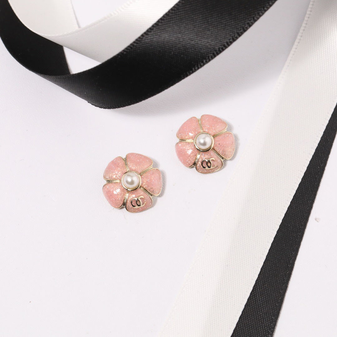 Vintage Elegant Gold Plated Brass Enamel Camellia Flower Earrings with 925 Sterling Silver Posts