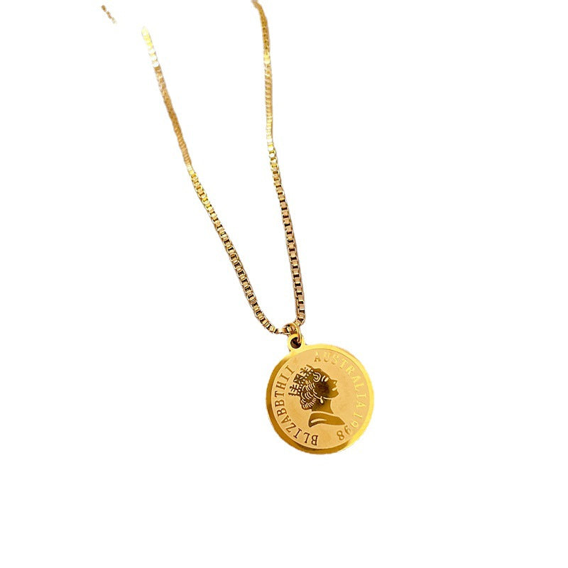 Collana Minimalista con Disco Rotondo Geometrico a Forma di Testa Umana in Acciaio al Titanio Placcato Oro PVD per Unisex