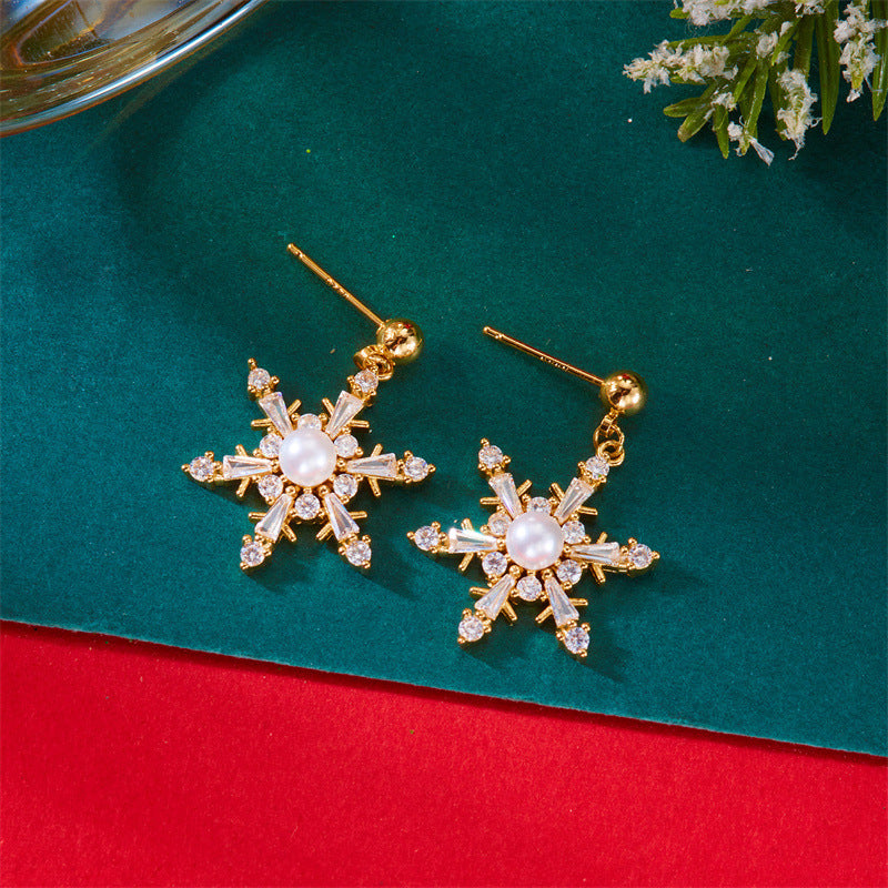 Pendientes Colgantes Copo de Nieve Estilo Cuento de Hadas con Detalles de Zirconia, Diseño Colgante, Base de Aleación de Zinc Galvanizada, Postes de Cerámica, Estética Fresca y Dulce