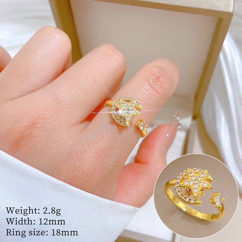 Minimalist Sweet Gold Plated Star Moon Brass Ring Adjustable