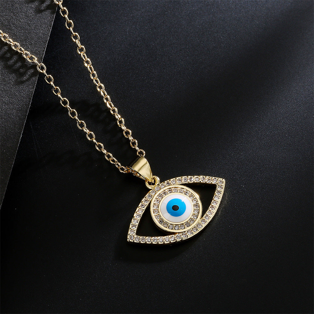 Gold Plated Brass Geometric Heart Evil Eye Pendant Necklace with Cubic Zirconia Inlay and Drip Oil Detail on Cable Chain