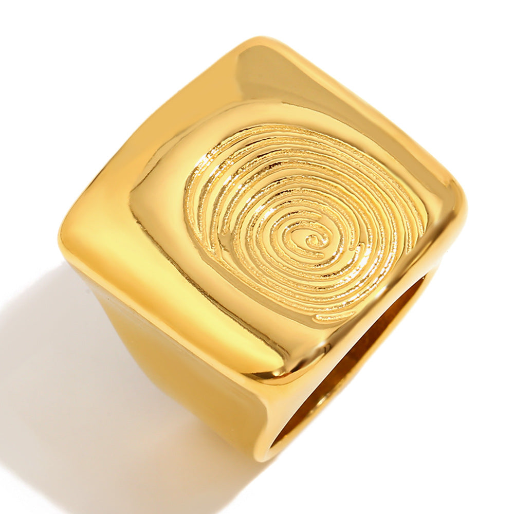Geometric Square Finger Ring for Women Made of Stainless Steel with 18K Gold Plating, Fashionable Office-Appropriate Design Featuring Unique Fingerprint Detail