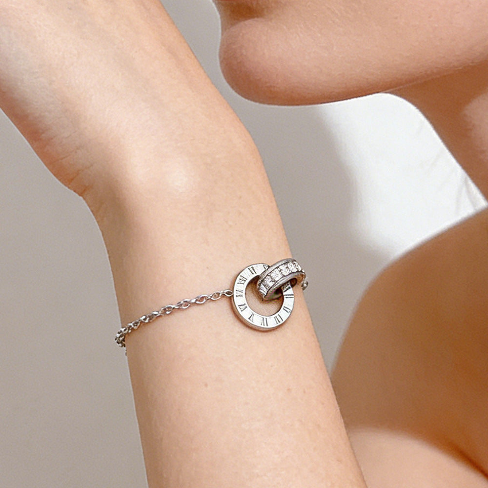 Minimalist Luxury Geometric Letter Stainless Steel Plated Double Ring Roman Numeral Bracelet for Women