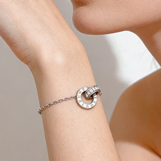 Pulsera de acero inoxidable chapado con letras geométricas de lujo minimalista, doble anillo y números romanos para mujer