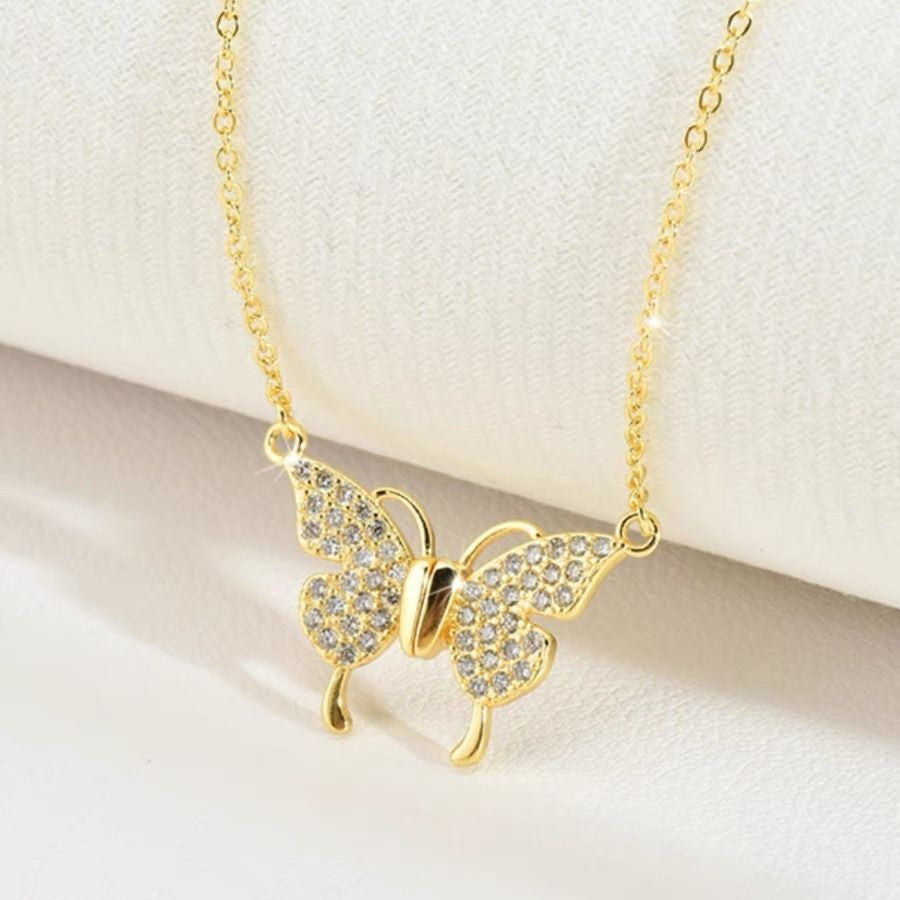 Minimalist Butterfly Pendant Necklace for Women and Men Titanium Steel Magnetic Clasp with Zircon Inlay Geometric Design Locket Chain
