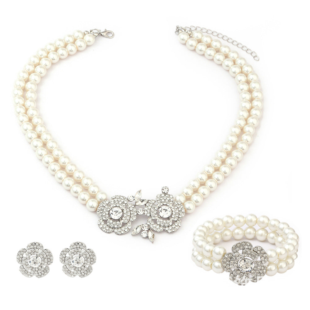 Juego de collar de perlas florales con pendientes y pulsera a juego para mujer, bisutería de estilo Art Déco con colgante de aleación y acabado chapado